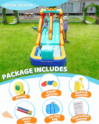 Doctor Dolphin Bounce House Inflatable Water Slide with Pool for Big Kids,Water Slides for Kids Backyard, Inflatable Water Park Double Slide - Thumbnail 3