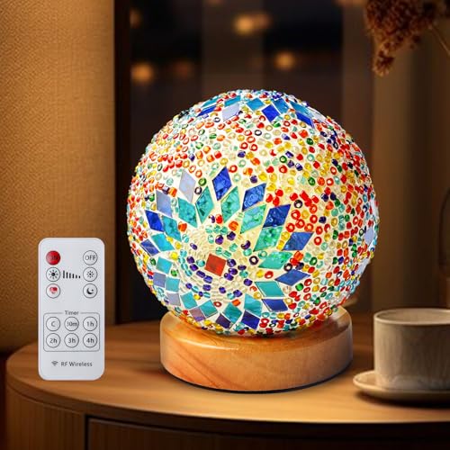 PORFOYO Nachttischlampe Glas-Patchwork-Tischlampe, Mosaik-Nachtlicht, Tischleuchte, Retro Lampe, USB Stromanschluss Vintage Deko Schreibtischlampe für modern Deko Schlafzimmer Nachtlampe, Boho-Blau