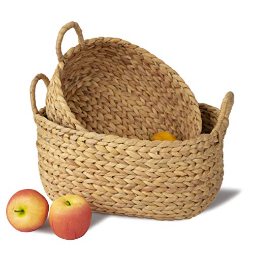 MadeTerra - Juego de 2 cestas de almacenamiento de bambú con asas, cesta decorativa organizadora para cocina, sala de estar, vestir, bebé, guardería, juguete para niños (natural)