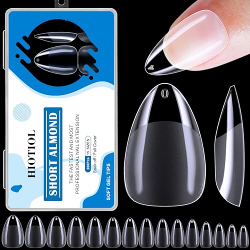Short Almond Nail Tips, 360Pcs Soft Gel Full Cover Nail Tips for Soak off Nail Extensions, Half Matte Clear False Gel Nail Tips for Nail Salons and DIY Nail Art, 15 Sizes