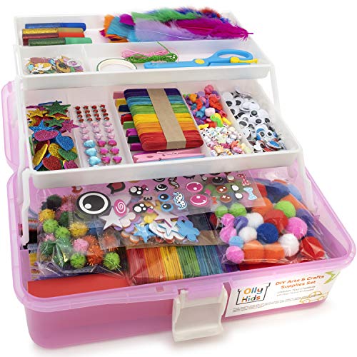 Olly Kids Arts and Crafts Supplies for Kids Girls 4 5 6 7 8 9 10 11 & 12- Ultimate Crafting Supply Set in Portable 3 Layered Plastic Art Box