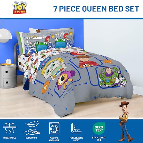Image of Jay Franco Kids Comforter Set Includes Sheets and Pillow Covers - Soft and Cozy Bed Set for Stylish Room Decor, Official Licensed Bedding, Grey - Toy Story, 7 Piece Queen