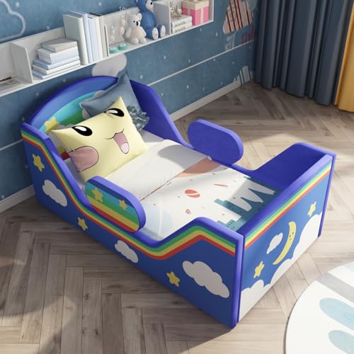 Toddler Bed, Child Bed for Kids with Extra Safty Broad, Standard Crib Size Toddler Bed, Certified Fabric Toddler Beds,Toddler Flood Bed (Night Blue)