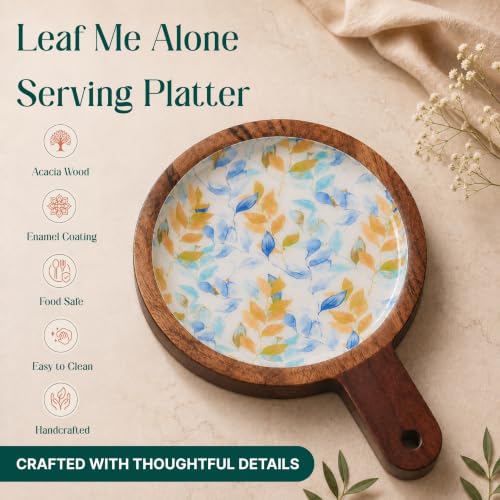 Image of Leaf Me Alone Serving Board with Enamel Finish | Handcrafted Wooden Snack & Charcuterie Serving Board for Appetizers, Desserts & Table Decor | Food Safe