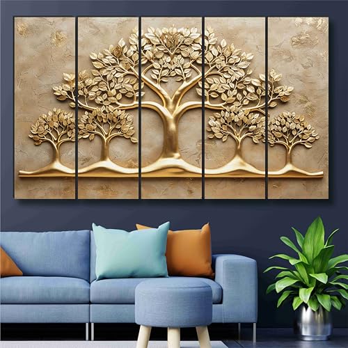 Image of Livin'luxe Golden Tree of Life Wall Art | 5 Panel Textured Wall Art Painting | Luxury Gold Embossed Family Tree Design for Living Room, Hallway, Office, Housewarming Gift (50 x 30 Inch) XL-35439