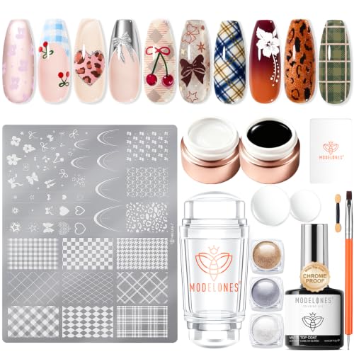 modelones 16Pcs Nail Stamping Kit French Tip Stamper Plaid Nail Stamp Plate