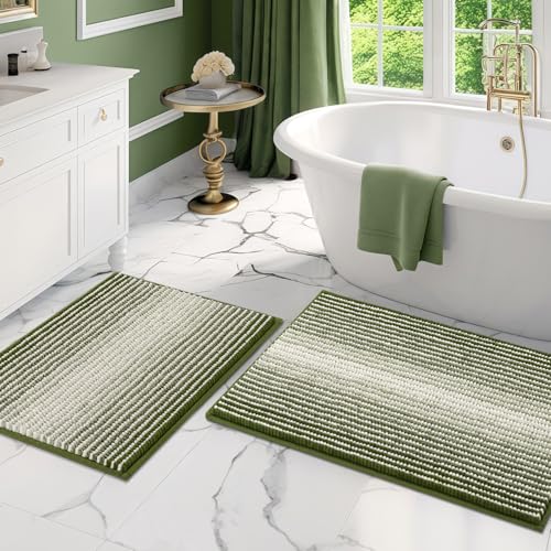 BSICPRO Bathroom Rugs and Mats Sets, 2 Piece Thick Absorbent Chenille Bath Mat Rug Set Non Slip, Soft Shaggy Bath Room Floor Mats for Bathroom, Machine Washable (Sage, 20" x 32" Plus 16" x 24")