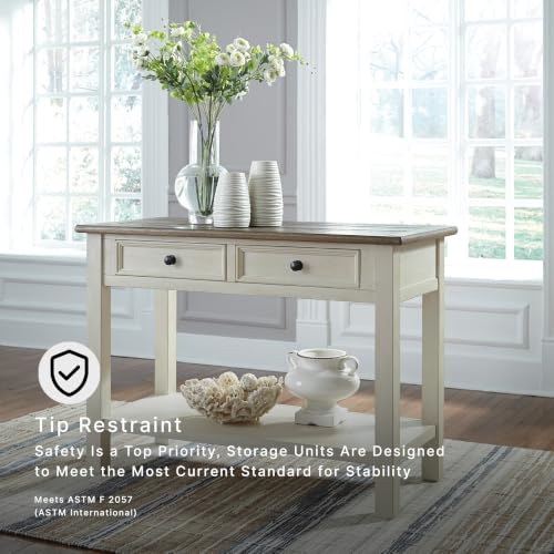 Image of Signature Design by Ashley Bolanburg Farmhouse Sofa Console Table, White | Two-tone wood console, 22-inch deep storage, 2 smooth drawers, Made of veneers, wood and engineered wood