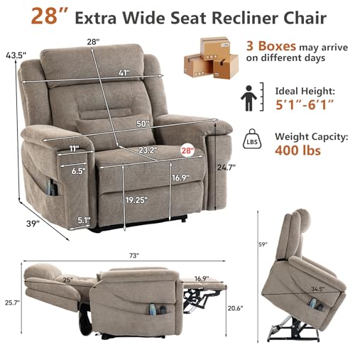 Image of Oversized Power Lift Recliner Chair for Big and Tall, 28 inch Extra Wide Seat Electric Lift Recliners with Heat Massage, Large Lay Flat Reclining Living Room Sofa, Wireless Charging