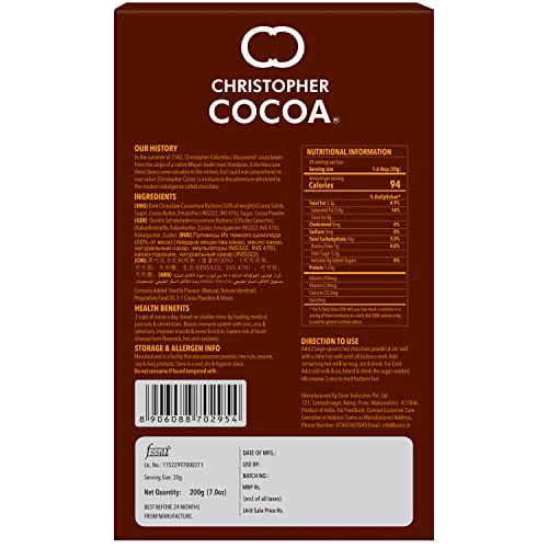 Image of Christopher Cocoa Hot Drinking Chocolate Powder with Dark Chocolate Buttons 200g (Pack of 2)