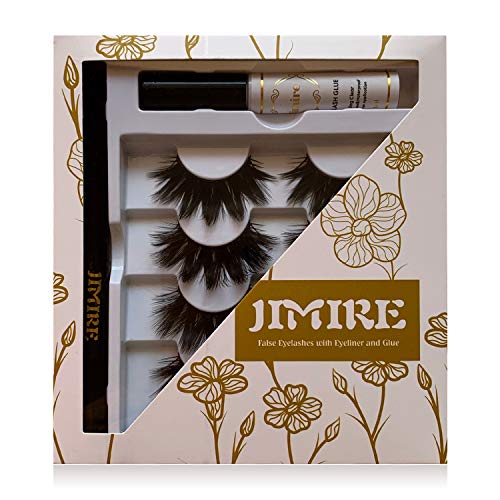 JIMIRE False Eyelashes with Eyeliner and Glue, 4 Pairs Full Volume False Lashes with Felt-Tip Liquid Eyeliner and Strong Hold Adhesive