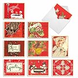 M1757XS A Crimson Christmas: 10 Assorted Christmas Notecards Feature Retro Holiday Imagery, w/White Envelopes - Fold Over Cards
