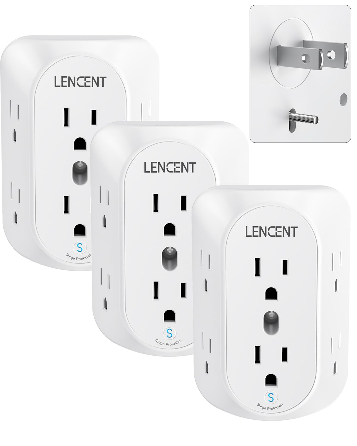 LENCENT2 Prong Power Strip, 3 to 2 Prong Grounding Outlet Adapter, Polarized Plug, Surge Protector, 3-Sided 6 Outlet Widely Spaced Extender, Mountable Wall tap for Non-Grounded Outlets, 3 Packs