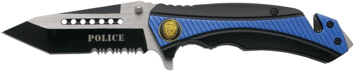 THIRD Assisted Safety Folding Knife K1912BLS Police Emblem, Includes Sheath. 9.1 cm Blade with Saw, Black and Blue Handle.