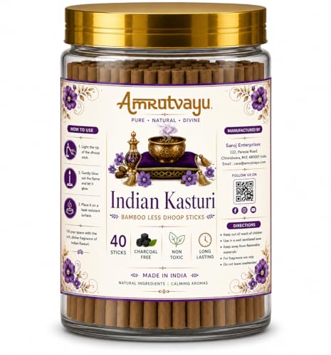 Image of Indian Kasturi Dhoop Sticks 4 inch 6mm Bamboo Less Incense for Pooja 40 Sticks | No Charcoal Sticks with Holder Stand | Fragrance for Home, Mediation Relaxation