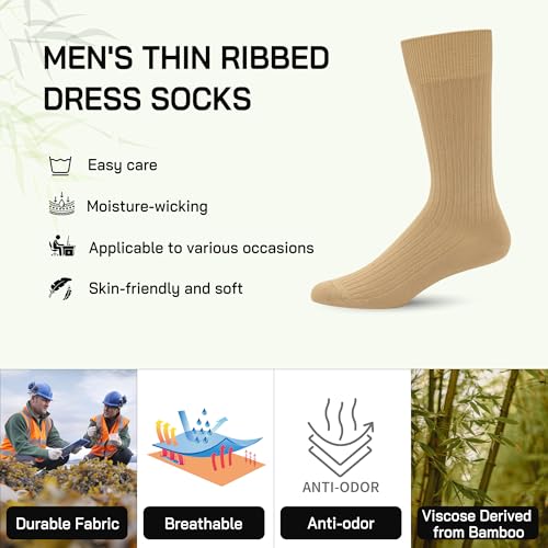 SERISIMPLE Men's Dress Socks - Bamboo Viscose Thin Ribbed Knit, Silky & Soft, Lightweight Business Crew Socks 5 Pairs3