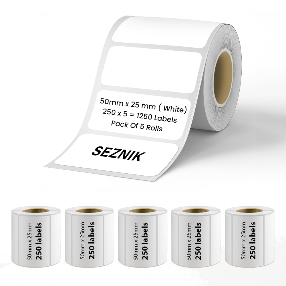 Seznik Thermal Lables, 50mmx25mm Label Roll Paper, 2 inch Self-Adhesive Thermal Paper for Thermal Printer [Printer NOT Included] (White - 50mmx25mm - 1250 Labels)