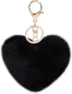 Women's Heart Puffball Keychain Faux Fur Pom Pom Keyholder Bag Accessory Keyring Backpack Charms for Girls