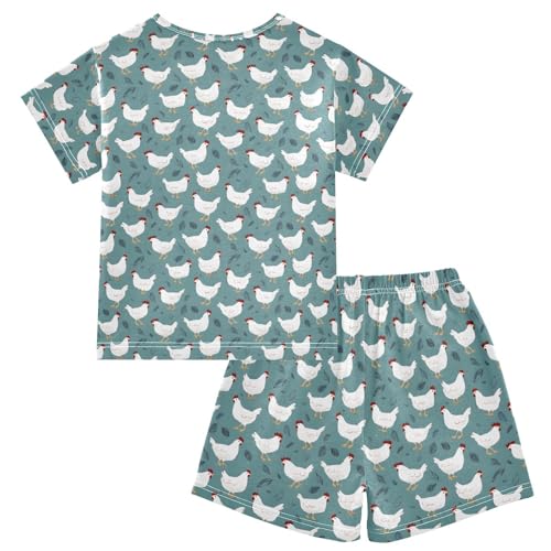 ALAZA White Chickens Leaves Pajama Set Short Sleeve Sleepwear Soft Lounge Nightwear2