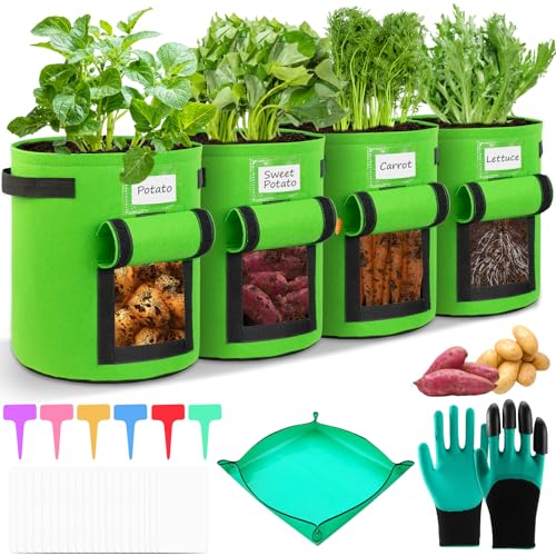 TEGOVE 4 Pièces Sac de Plantation Non Tissé 10 Gallons,40L,Sacs de Culture de Plantes avec Poignées et Fenêtre,Sacs à Plante de Tomate,Sac à Plantes pour Plantess,Fruits,Fleurs,Légumes