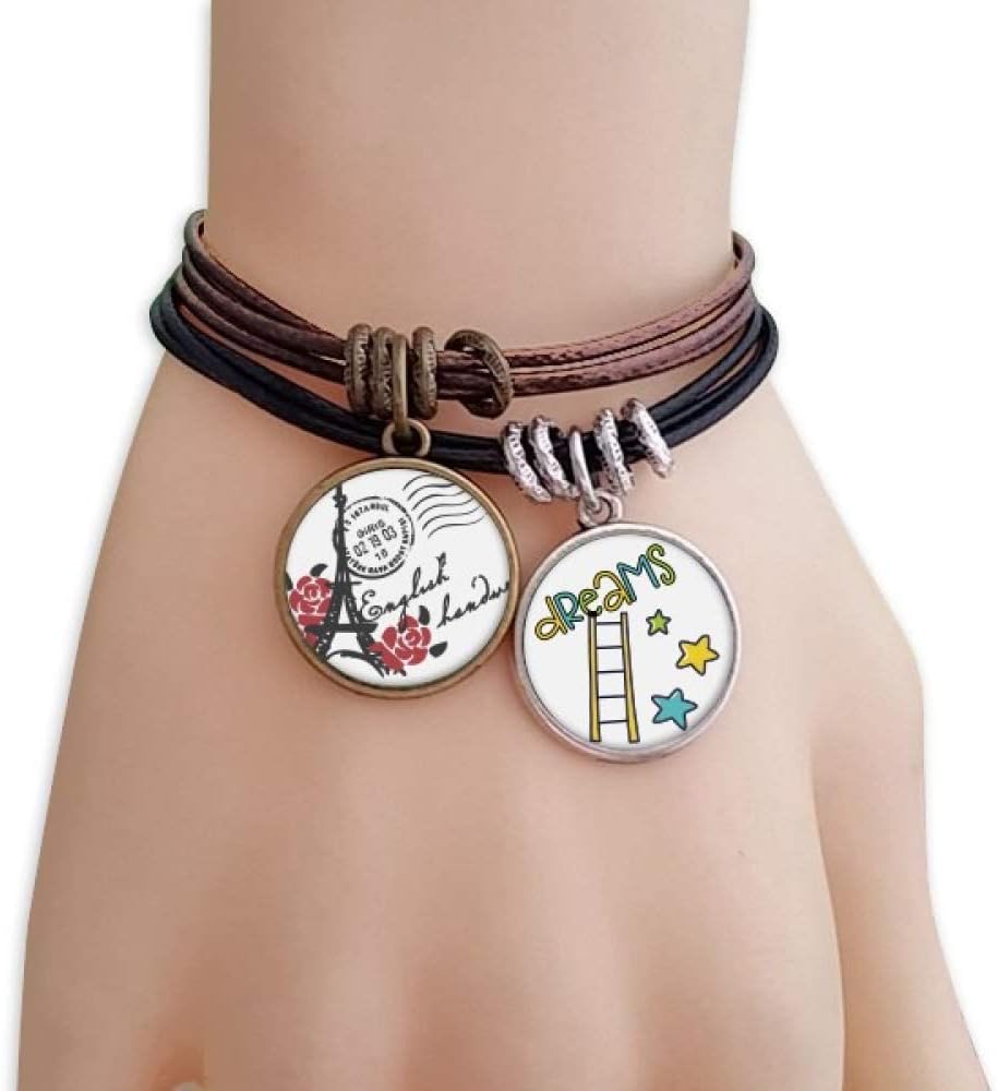 Eiffel Tower Roses France Paris Stamp Style Bracelet Rope Wristband Dream Hope Ladder Star