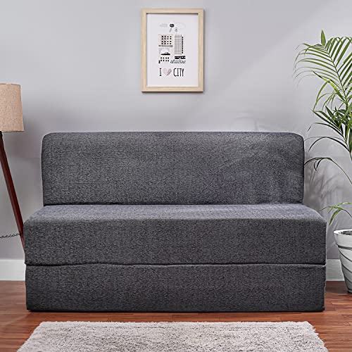 Image of Convertible Fabric Sofa Cum Bed | Foldable Double Foam & Washable Cover with Cushions | Modern Design Use Living Room & Guest Room (Dark-Grey-Multi-Star, 4X6 Ft)