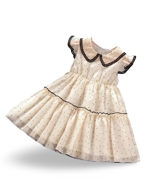 Image of Niren Enterprise Girls' Ivory Polka Dot Peter Pan Collar, Frill Sleeve, Flared Tulle Skirt, Elegant Birthday & Summer Wear Party Dress