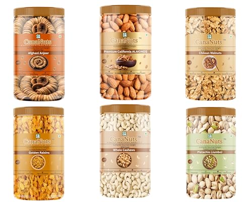 Image of CanaNuts 100% Natural Premium Dry Fruits and Nuts Combo Healthy Cashews, Almonds, Anjeer, Gold Raisins, Pistachios, Chilean walnuts Kernel, Badam Kaju Pista Akhrot Kishmish | (200Gm X 6) 1.2KG