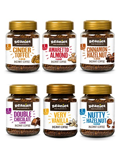Beanies Flavoured Coffee 6 x 50g jars - Vanilla, Amaretto, Chocolate, Hazelnut, Cinnamon, Toffee,