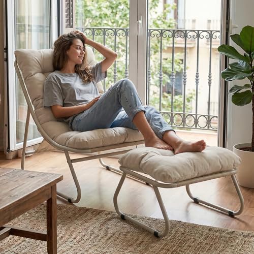 Villeston Ohrensessel mit Hocker, Bequemer Lesestuhl, Ergonomischer Lounge-Stuhl für Wohnzimmer, Schlafzimmer oder Büro – auch für Terrasse, Balkon, Pool und Garten, Indoor & Outdoor, Cremeweiß
