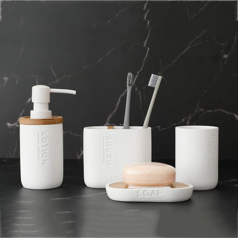 Nórdico Estilo Juego de Accesorios de Baño de Resina Conjunto de Baño con Porta Cepillo de Dientes, 2 Tazas, Dispensador de Jabón Líquido, Jabonera, Blanca,with Handle Tray