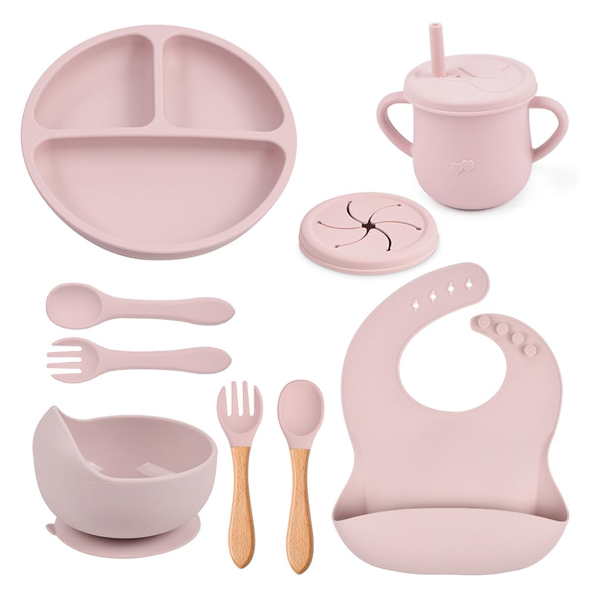Paporich 8 Pack Baby Feeding Set, Silicone Infant Dinnerware Suction Set, BPA Free Baby Tableware Set with Adjustable Soft Silicone Bib & Utensils, for Baby Toddler (Pink)