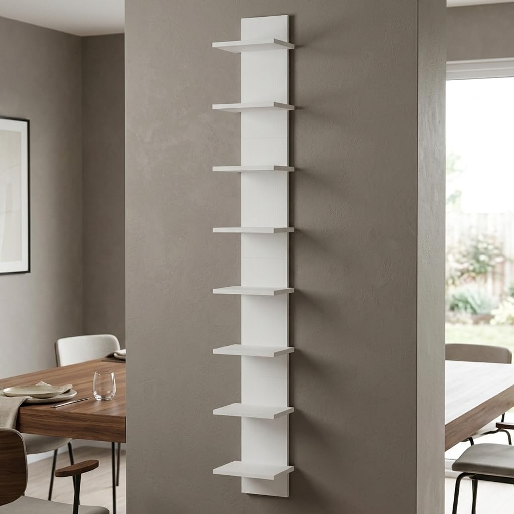 Qupui 8 Tier Wall Shelf Unit, 63 Inch Floating Storage, 9.3 Inch Wide,White | Engineered Wood. Waterproof Surface. For Books, Plants, Decor. For Bedroom, Living Room. 63x9.3x7.8 in