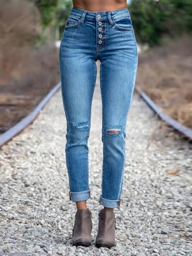 Image of KUNMI Women's Ripped Skinny Jeans Distressed Stretchy Denim Pants