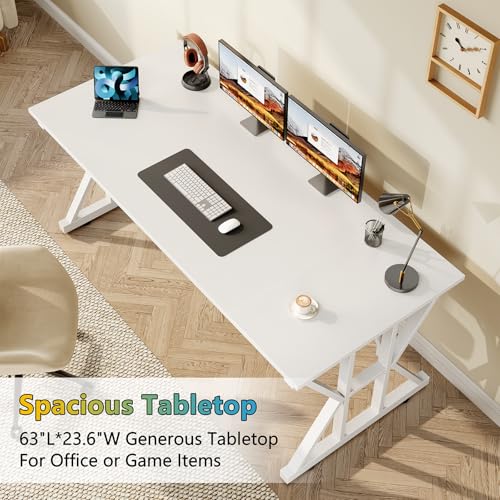 Image of 55 inch Large Computer Desk with Thickened Frame for Home Office, Living Room | Modern Simple Executive Desk, Larger Gaming Desk with X-Shaped ReInchforcement, White
