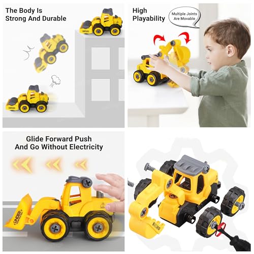 Image of Zest 4 Toyz Construction Truck Toy for Kids Set of 4 Take Apart Vehicles with Screwdriver DIY Building Playset Toy for 3 4 5 6 Years Old Boys Girls (Yellow)
