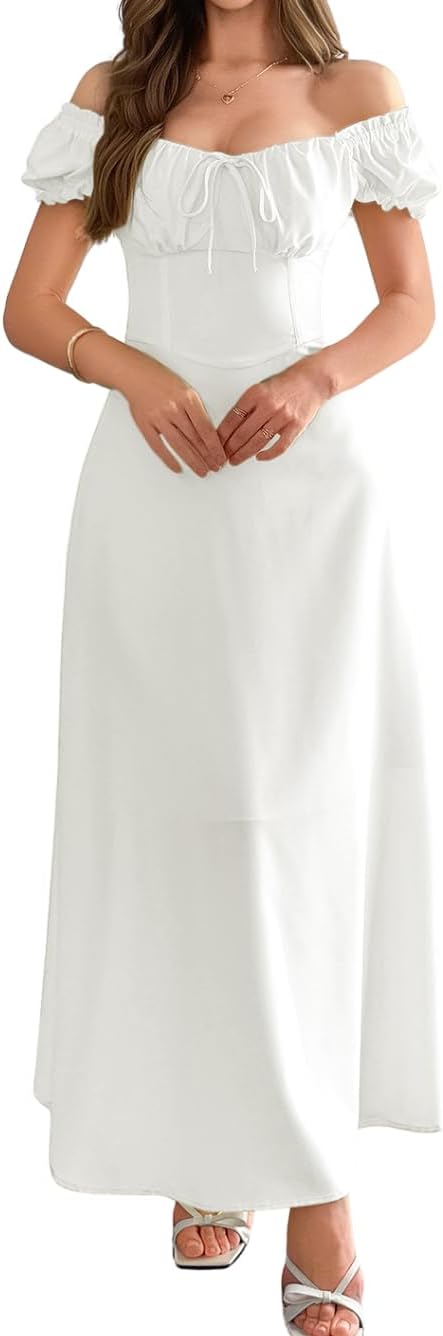 Off Shoulder Maxi Dress Flowy A Line Spring Tea Party Wedding Guest Square Neck Drop Waist Renaissance Vintage