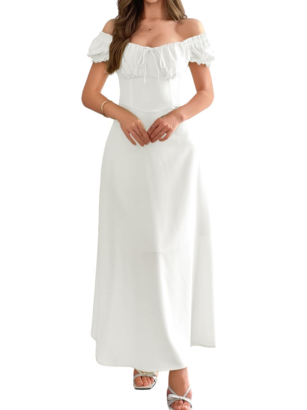 Photo 1 of ChiaoLezhee Off Shoulder Maxi Dress Flowy A Line Spring Tea Party Wedding Guest Square Neck Drop Waist Renaissance Vintage Pastel Picnic Milkmaid Cute Garden Corset Women Bride Bridal White Large