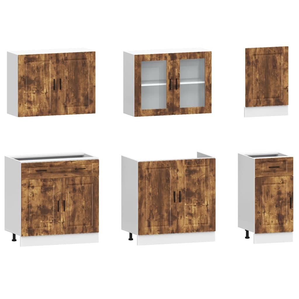 Set da cucina Kalmar, 7 pezzi, effetto rovere affumicato, moderno set di mobili da cucina in legno con frontali in vetro, mobili da cucina modulari per riporre oggetti, include dispensa e