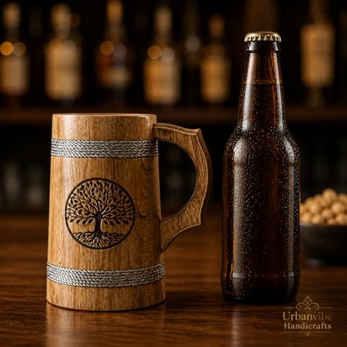 Image of Handmade Wooden Beer Mug, Wood with Sheesham Finish, Barrel Style, Lightweight & Durable, for Craft Beer, Home Bar, Cafe, Party, Gift(350ml) (Tree Inprint)