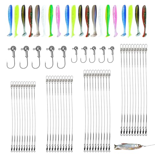 73 Pèces Accessoires De Pêche, 40pcs Bas De Ligne Acier, 20pcs Leurre Souple, 10pcs Tete Plombee Materiel De Peche pour Poissons d'eau Douce Et d'eau Salée, Leurres De Pêche Kit