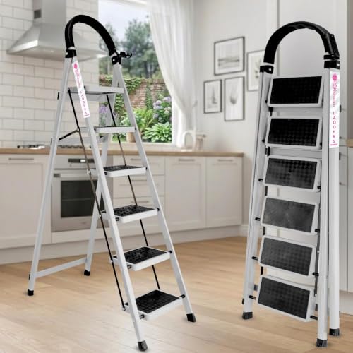 Image of Casa Copenhagen White 6 Step Ladder for Home Use with Built-in Tool Tray | Heavy Duty D Shape Rods | Ultra Large Platform | Wide Rubber Feet | 150Kg Capacity Foldable Ladder - 7 Years Warranty