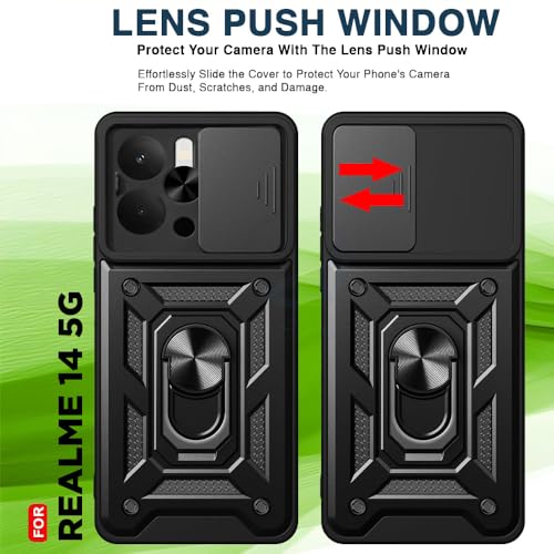 Image of Luxe Back Cover for Realme 14 5G | D10 Tough Armor | Sliding Camera Shield | 360 Protection | Kickstand Ring Holder | Military-Grade Shockproof Bumper