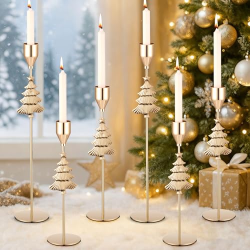Ziliny 6 Pcs Christmas Tree Taper Candle Holders, 3 Size Gold Christmas Candlestick Holders, Xmas Candle Holder Vintage Decorative for Table Centerpiece Mantel Decor Holiday Housewarming Gifts