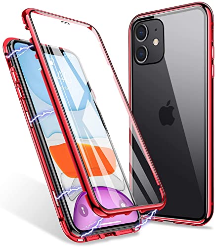 Carcasa de cristal templado para iPhone 12 Pro magnética transparente protección integral (rojo)