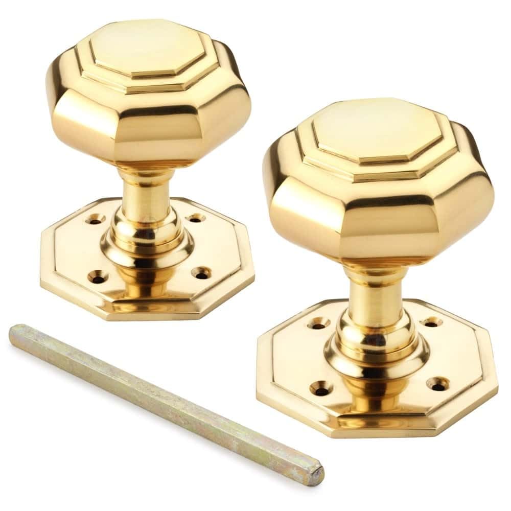 AB Hardware Large Solid Brass Octagonal Mortice Door Knobs 70mm – Polished Brass Door Knob Pair with Backplate and Spindle