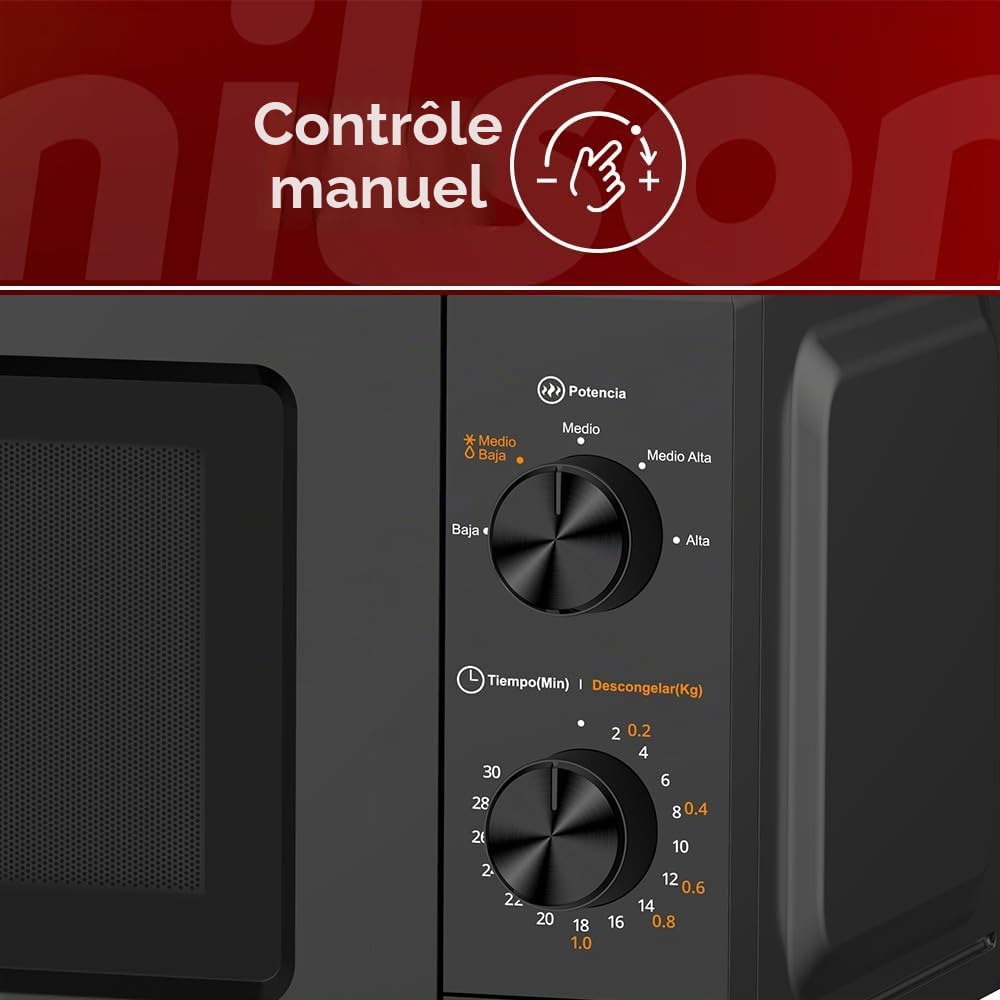 Nilson Micro-ondes, 19L, Installation Gratuite, Noir NMW2701N, 700W, 5 Programmes, Mécanique, Dégivrage, Revêtement intérieur, Nettoyage facile, Minuterie 30 Minutes