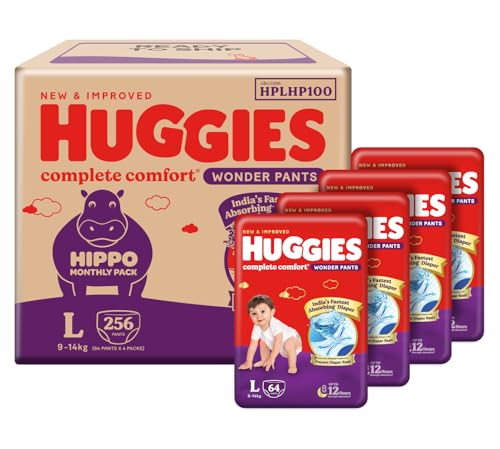 Huggies Complete Comfort Wonder Pants | Pant Style Baby Diapers Large Size, 256 Count | India's Fastest Absorbing diaper, Clinically Proven to Prevent