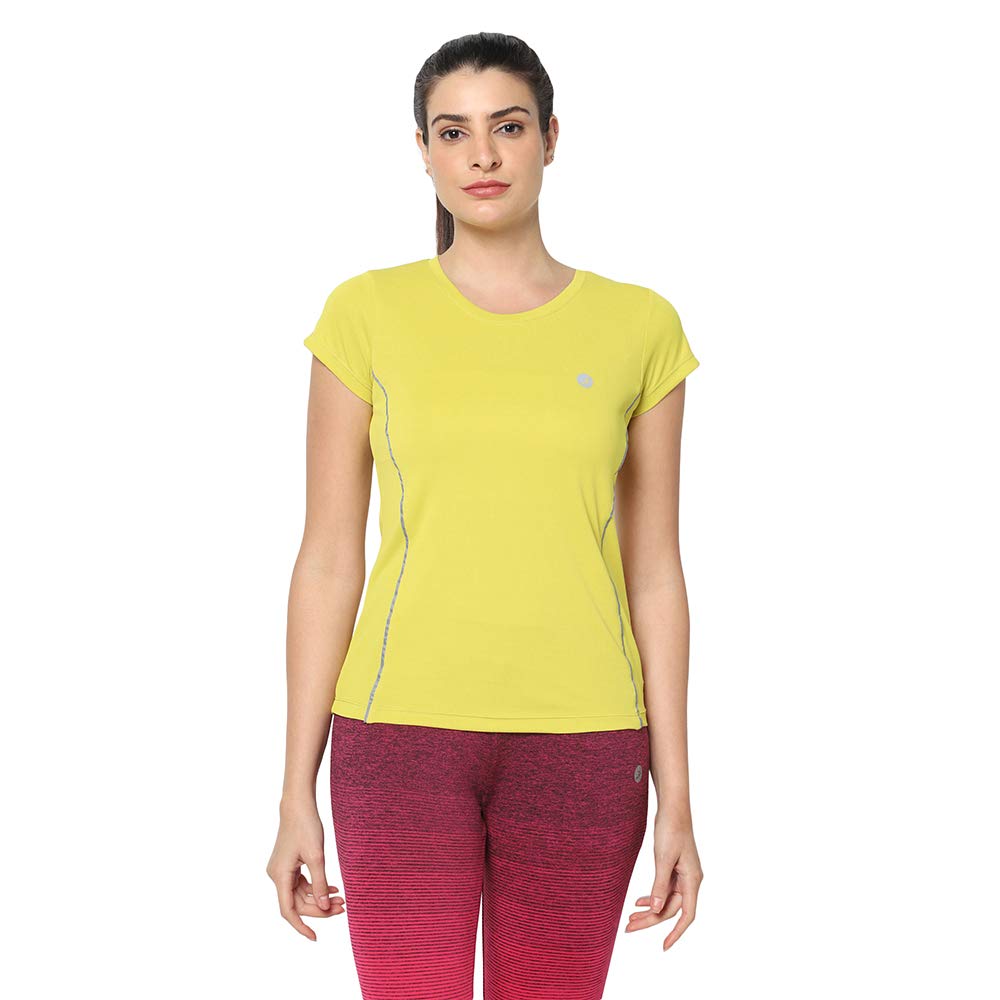 BUKKUM Women's Basic Solid Round Neck T-Shirt (Lemon, S)