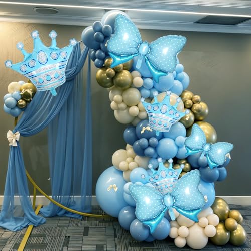 Image of 10pcs Blue Crown Balloons And Blue Bow Balloon, Light Bows Balloons, Large Crown Foil Balloon With Two Sizes For Birthday Baby Shower Theme Party Wedding Bridal Shower Anniversary Decor